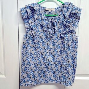 Loft White Blue Daisy Floral Print Ruffle Sleeveless Top Size S
